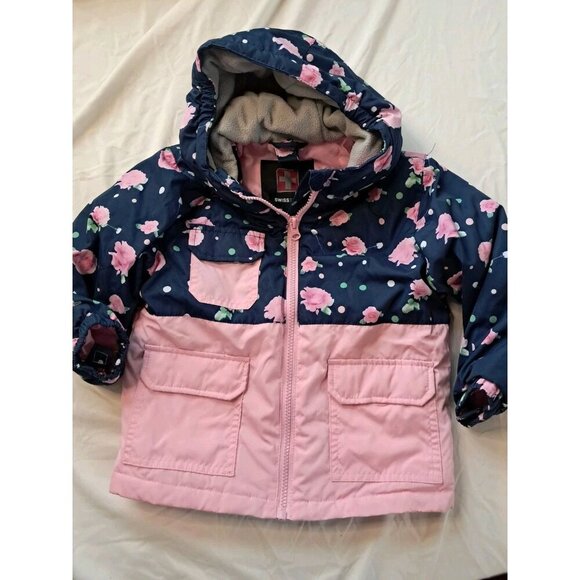 K/2 Swiss Tech Girl's 3T Hooded Coat Blue Pink Winter Zipped In Fleece Lining - Picture 1 of 2